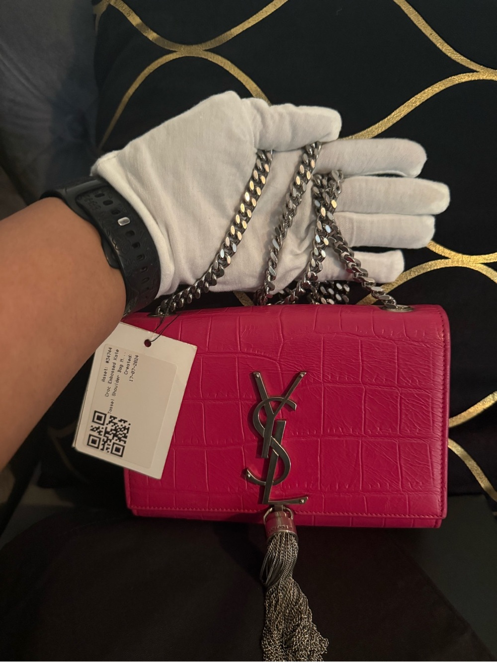 🔥Saint Laurent Fuchsia Croc-Embossed Kate Tassle Bag Small🔥 - Picture 13 of 17